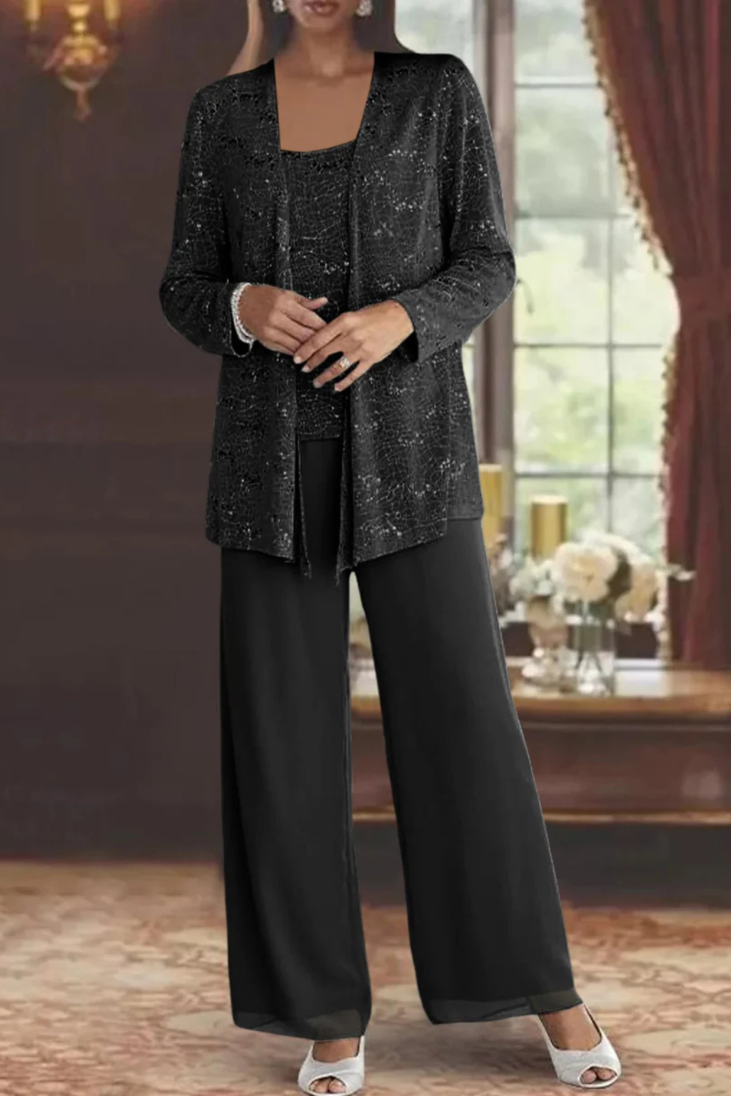 Back view of elegant three piece formal outfit with shimmering sequin details