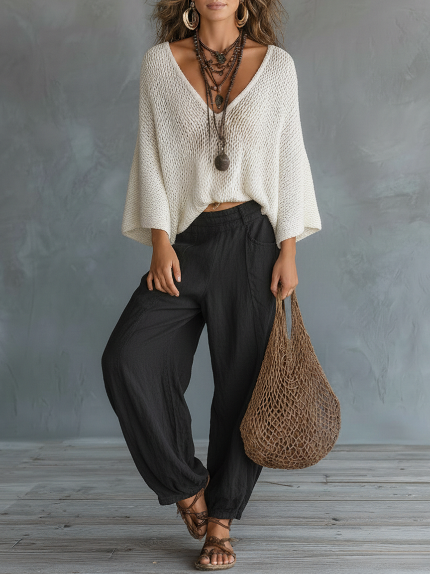 Woman wearing a white knit top and black wide leg pants two piece set with a net bag