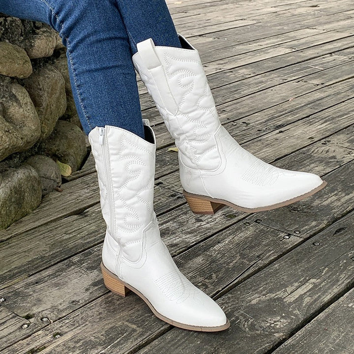 Close-up of the pointed toe and shiny metallic finish on western boots