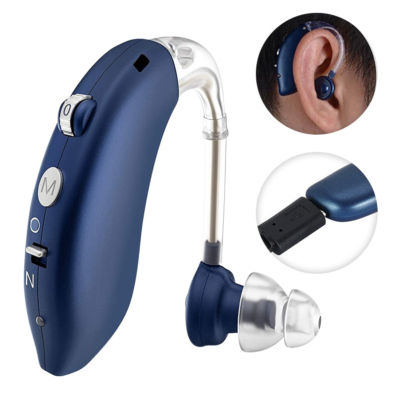 Demonstration of rechargeable personal sound amplifier worn comfortably behind the ear