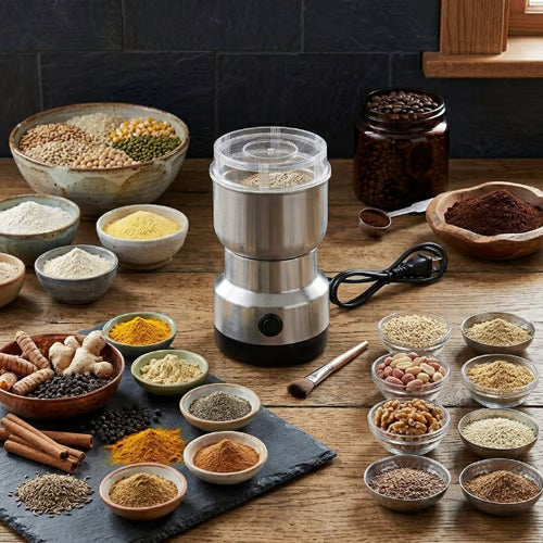 Stainless steel electric grain grinder surrounded by various whole grains and spices in bowls