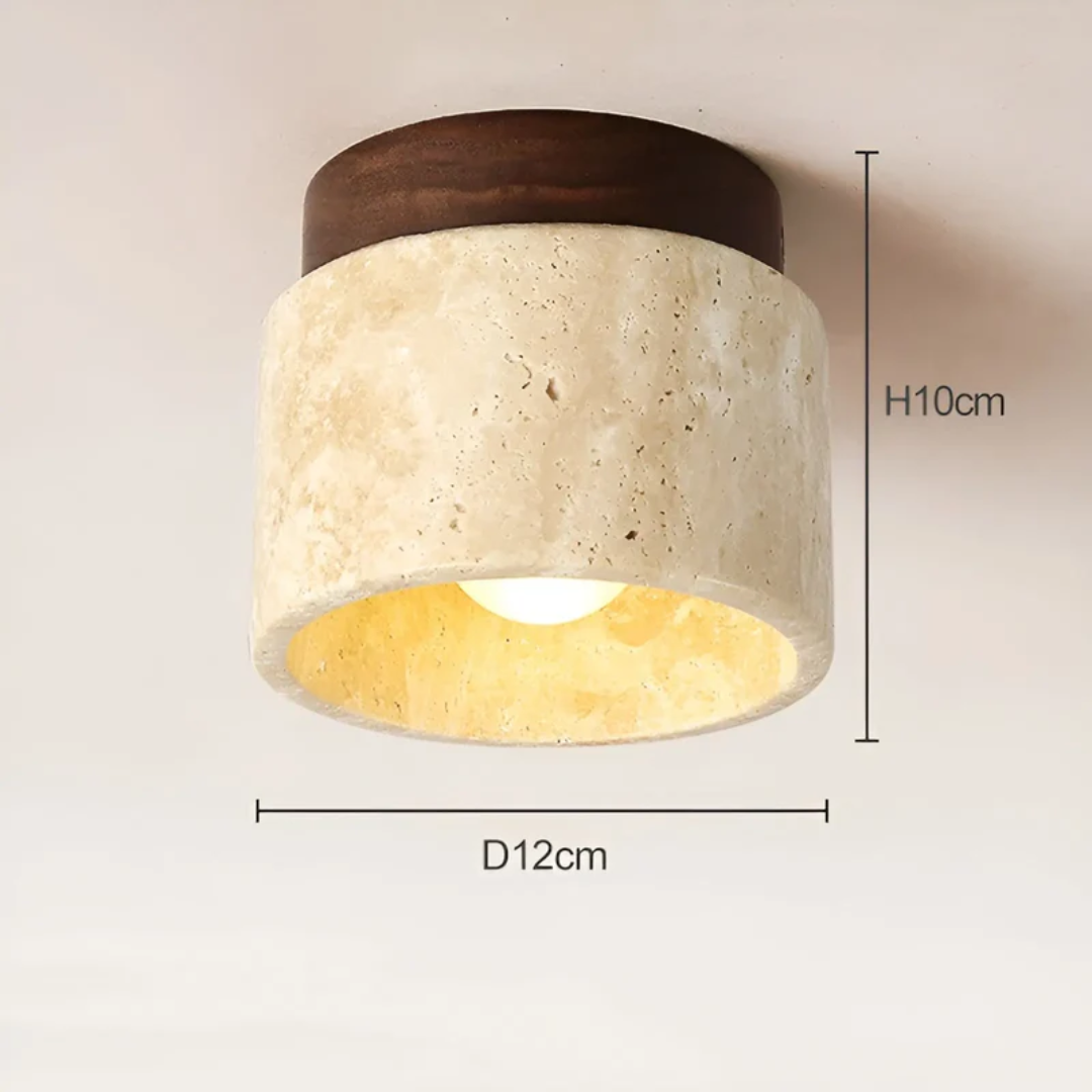 Detailed view of the walnut and stone housing design for the ceiling lamp