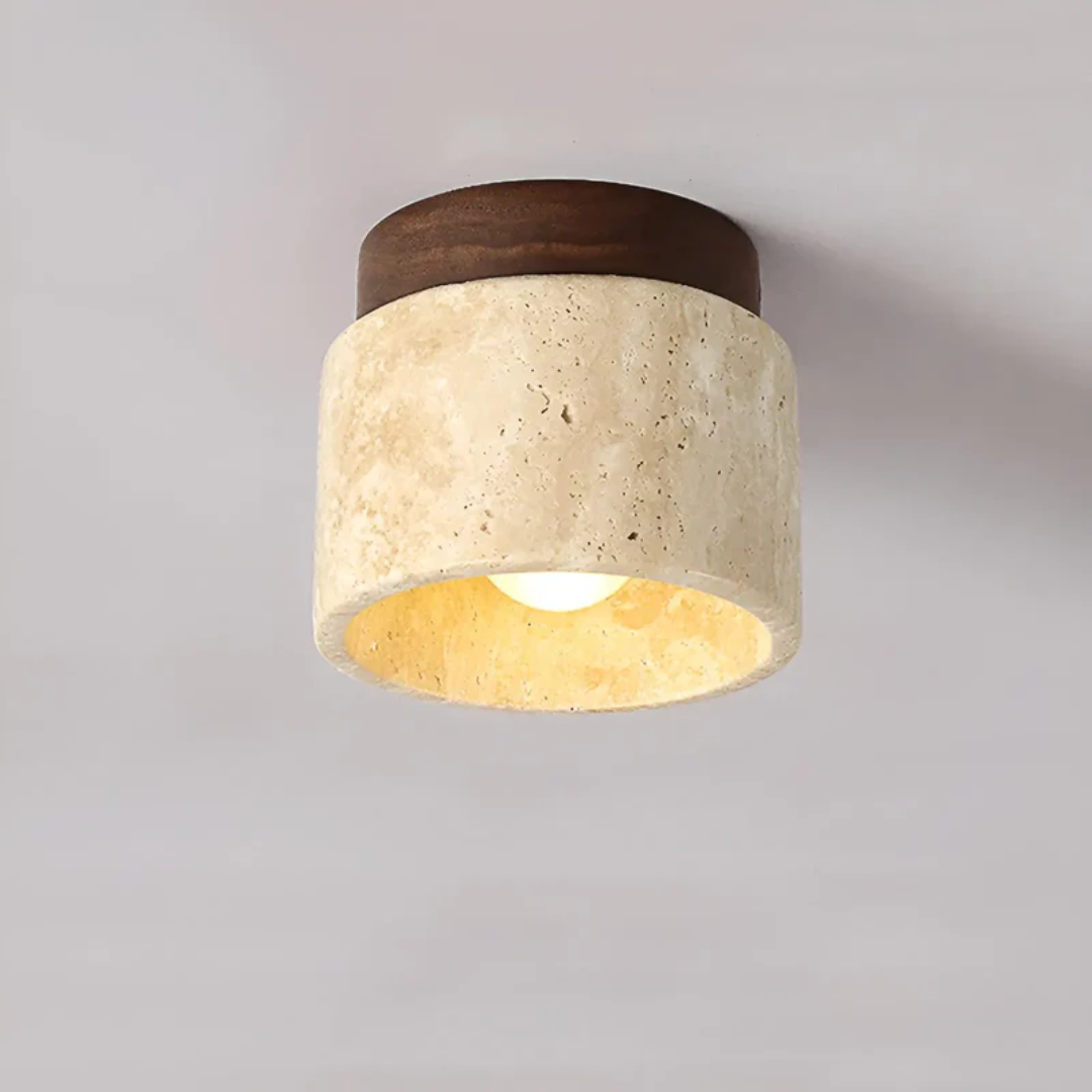 Wabi sabi marble Japanese ceiling lamp gallery shot showing minimalist stone texture and warm illumination
