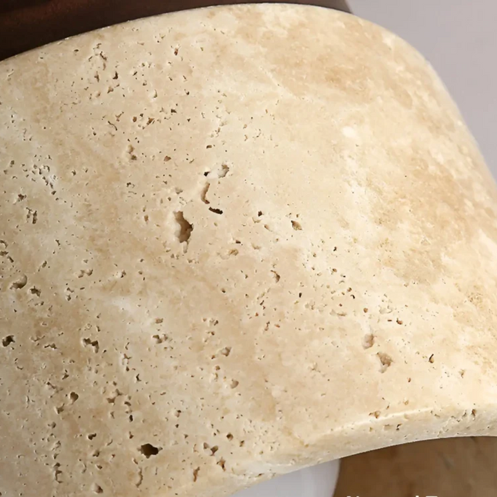 Close up of the tranquilstone Japanese ceiling lamp highlighting the unique marble grain and wooden accent