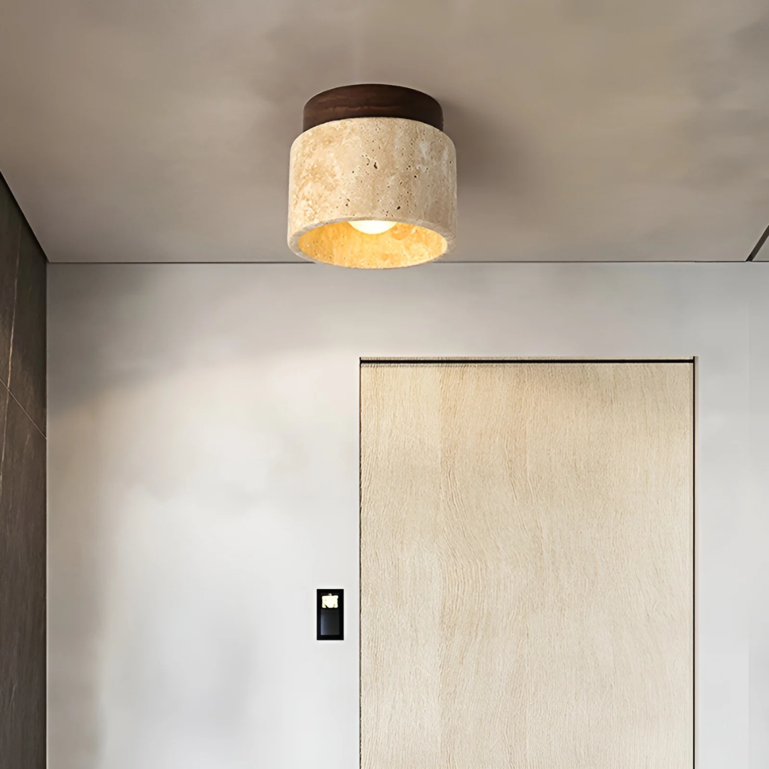Wabi Sabi Japanese ceiling lamp installed in a modern interior hallway