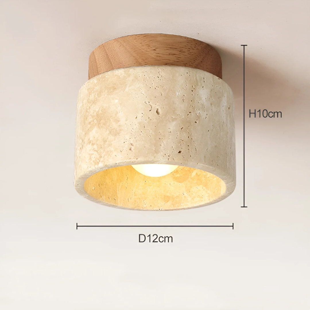 Close-up view of the wooden and travertine ceiling lamp showing dimensions