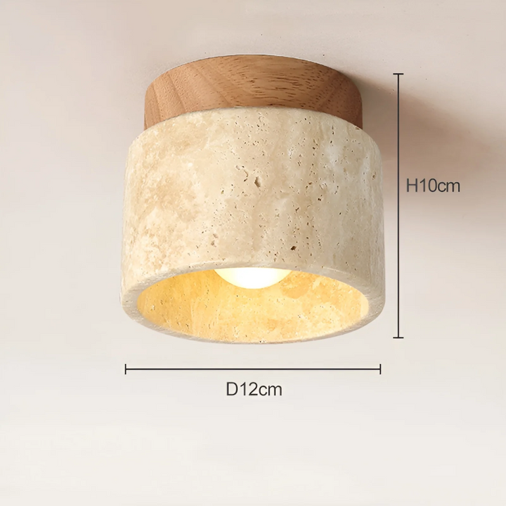 Close-up view of the wooden and travertine ceiling lamp showing dimensions