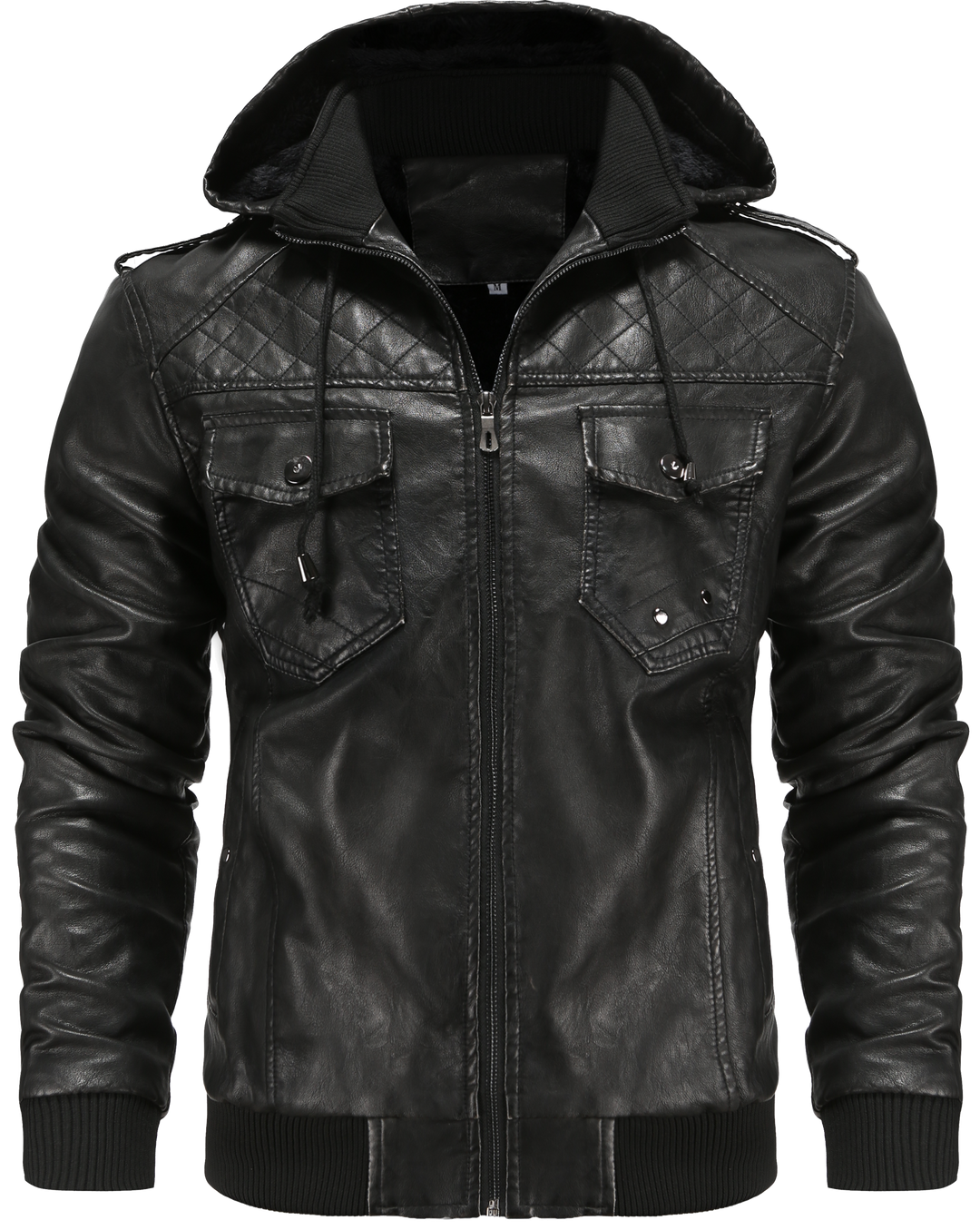 Men's black hooded bomber jacket with quilted shoulder details viewed from the front