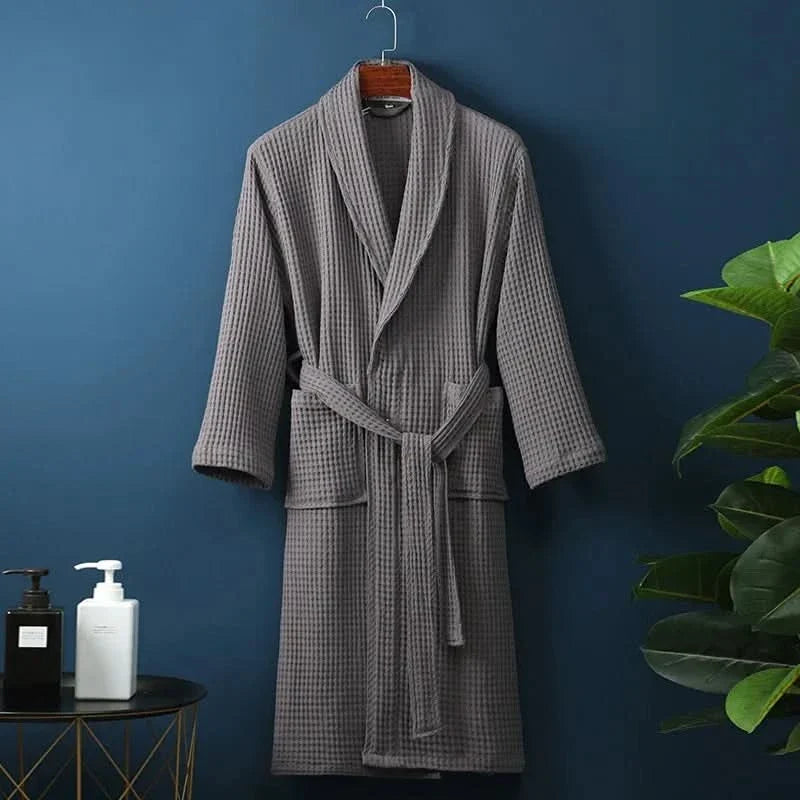 Unisex lightweight waffle bathrobe detail showing texture and belt