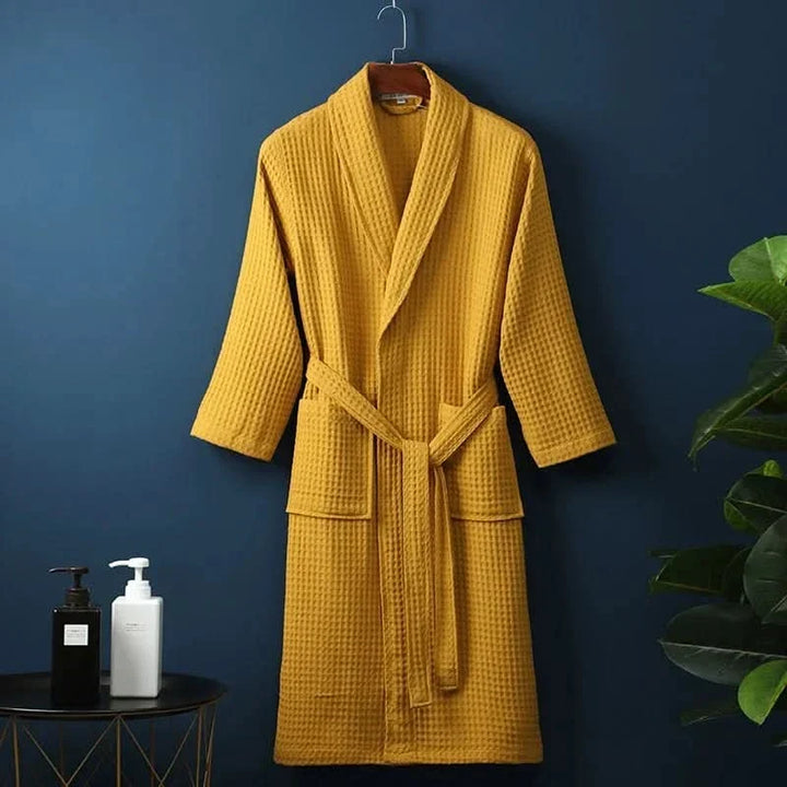 Back view of unisex lounge robe showing relaxed fit and length