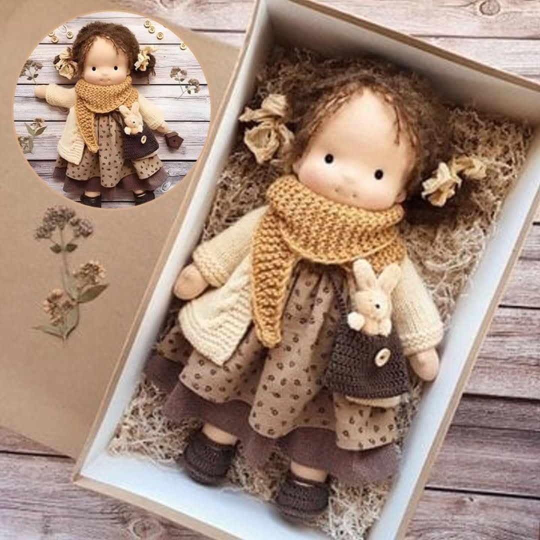 Natural Waldorf toy doll detail showing organic cotton and wool materials