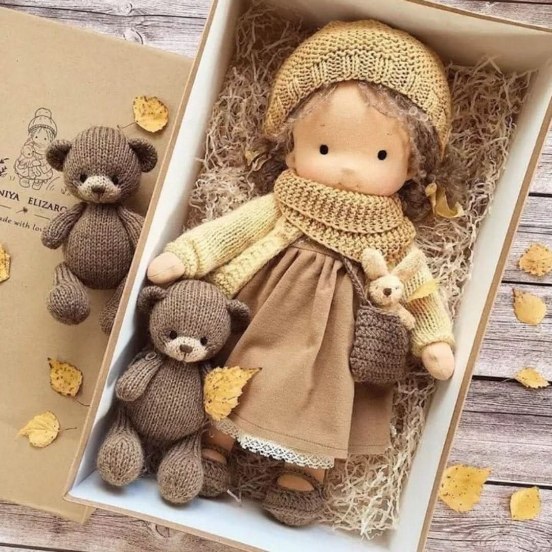 Charming kids gift Waldorf doll displayed in a cozy sitting position