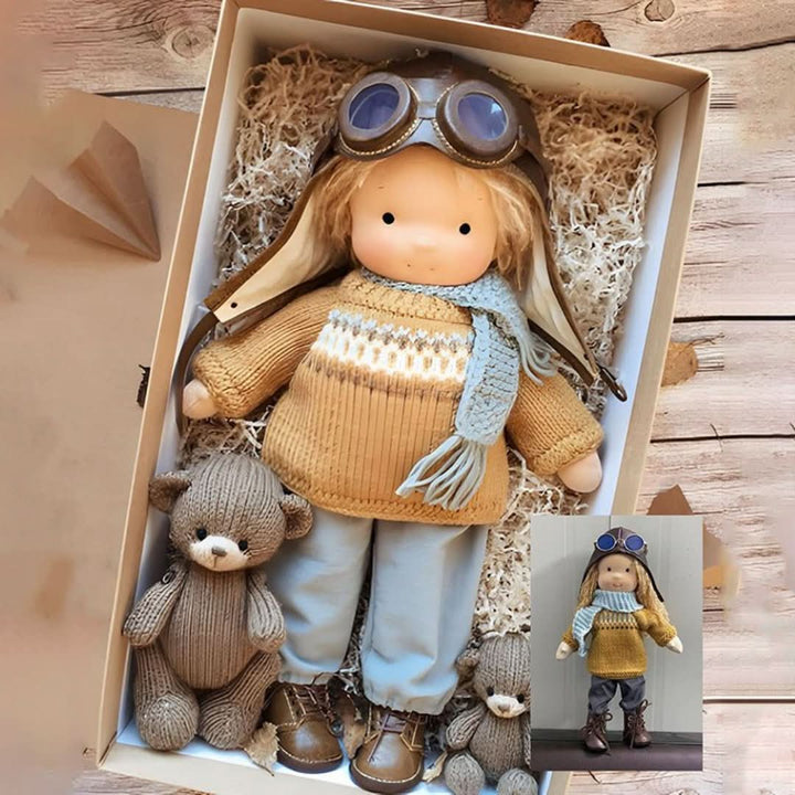 Natural Waldorf doll posed outdoors highlighting eco-friendly materials