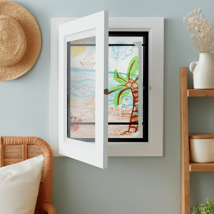 Close up of kids artwork display frame hinge and secure magnetic closure