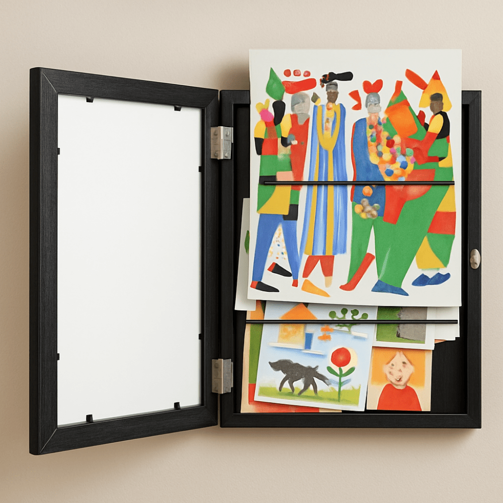 Black wall art display frame opened with colorful kids artwork inside