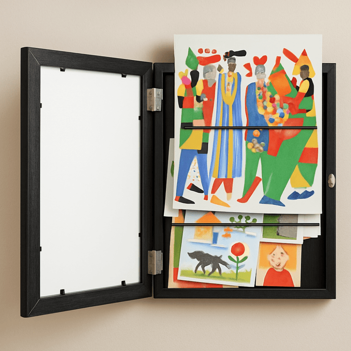 Black wall art display frame opened with colorful kids artwork inside