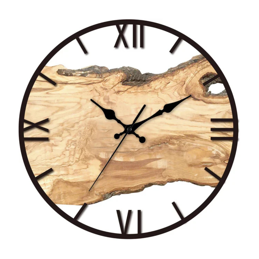 Large minimalist wall clock with Roman numerals and wood grain face