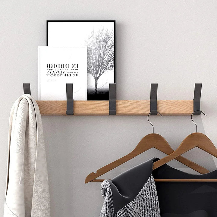 Wooden wall coat rack with sliding hooks for efficient hallway storage and entryway organization
