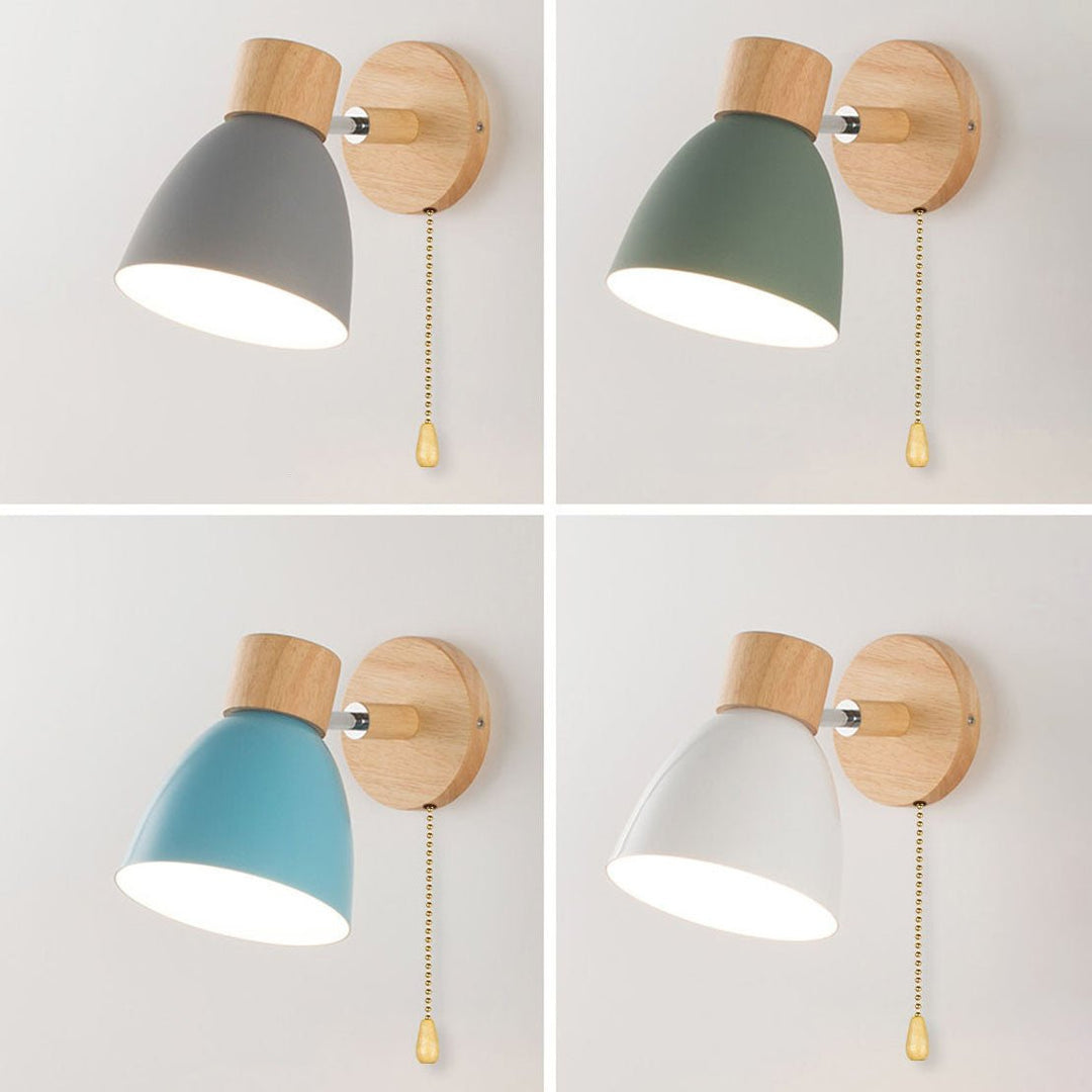 Complete view of modern wooden cone wall lamp with metal frame