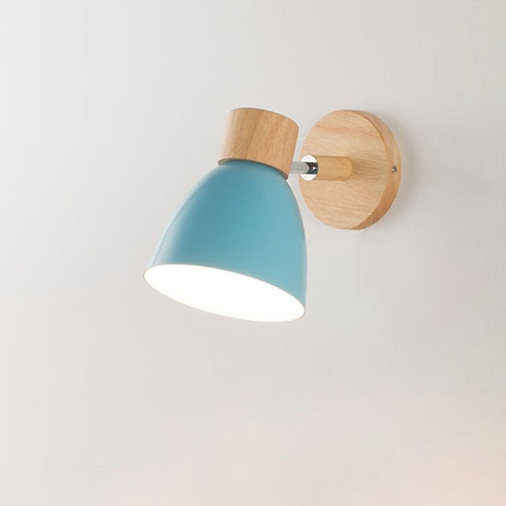 Modern minimalist wall sconce with conical wooden shade design