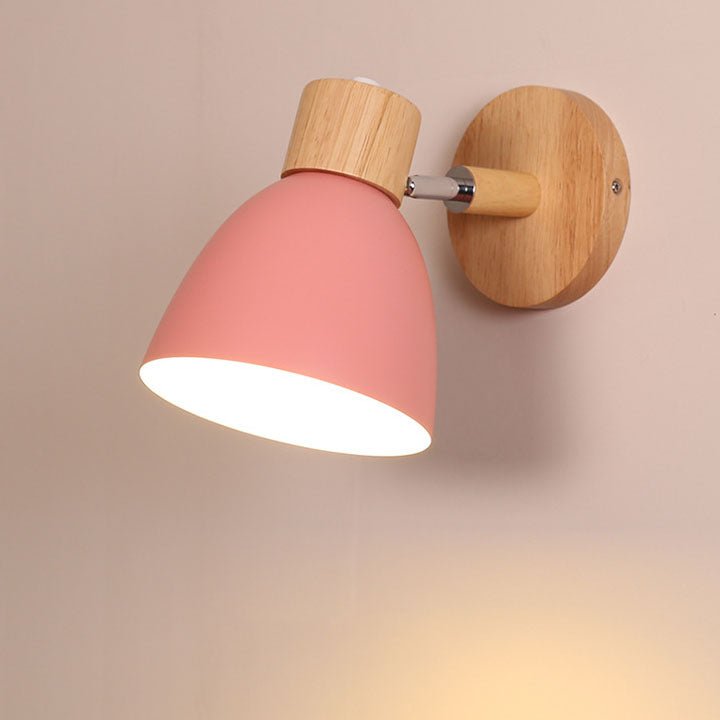 Modern wooden lighting fixture mounted on neutral textured wall