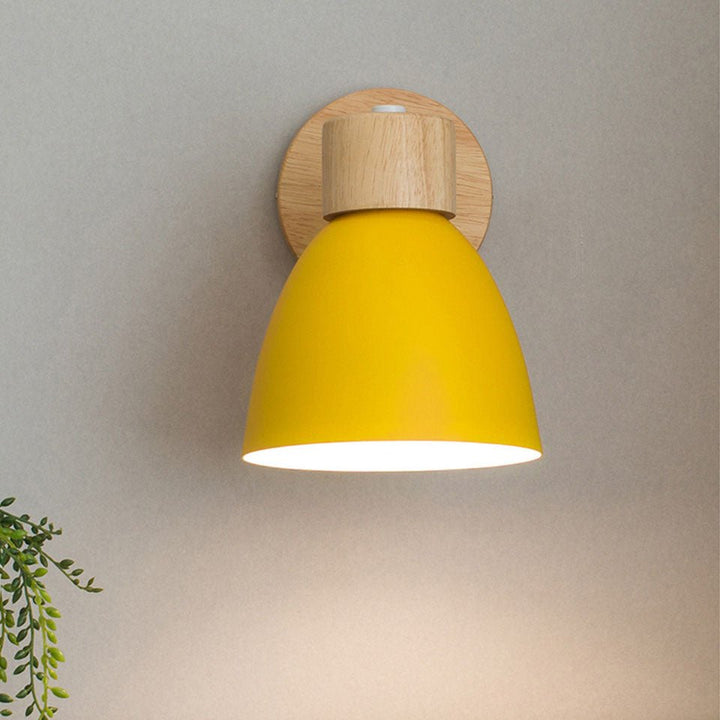 Wooden wall light featuring stylish conical lampshade and metal bracket