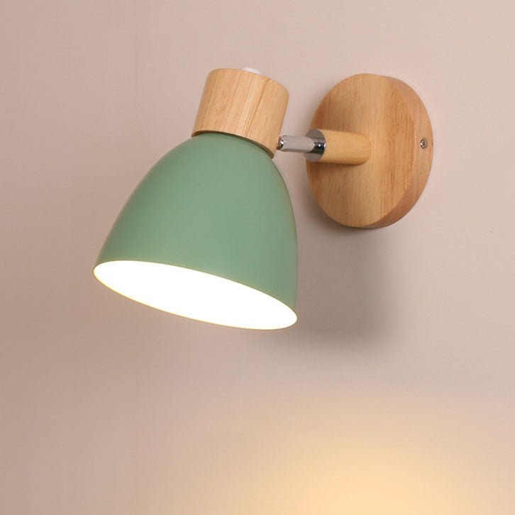 Designer wooden cone wall lamp glowing softly in hallway setting