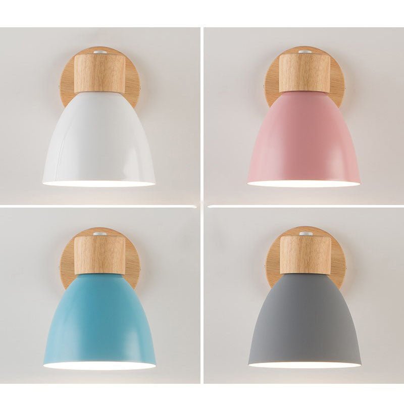 Bedside light with natural wood cone shade and adjustable metal arm