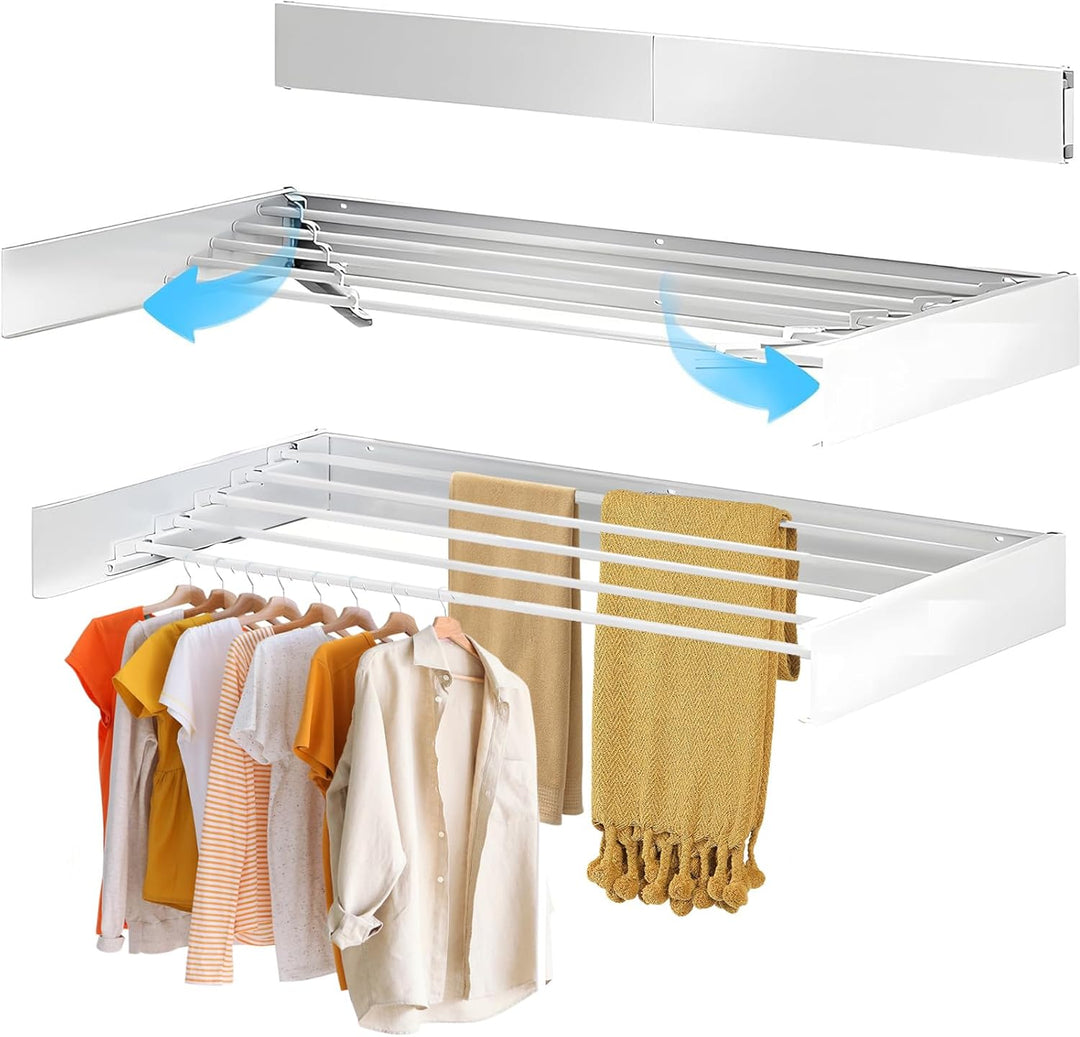 White wall mounted folding clothes drying rack showing extension mechanism