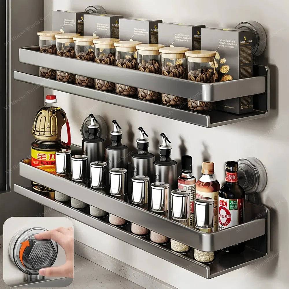Wall mounted stainless steel suction cup spice rack holding jars and bottles in a kitchen