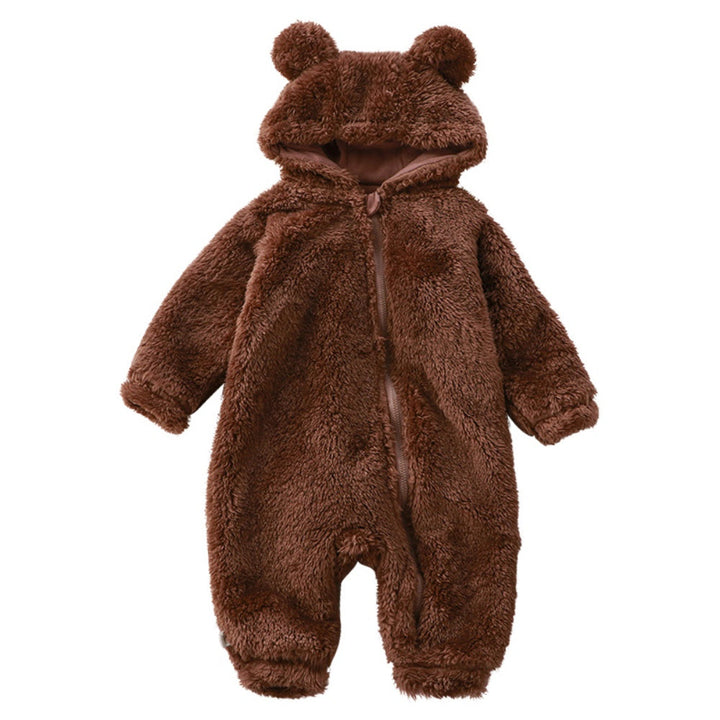 Brown baby bear hooded onesie with front zipper