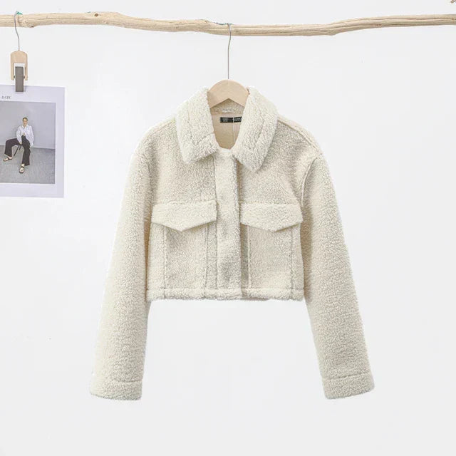 Womens beige warm short winter coat, casual outerwear jacket
