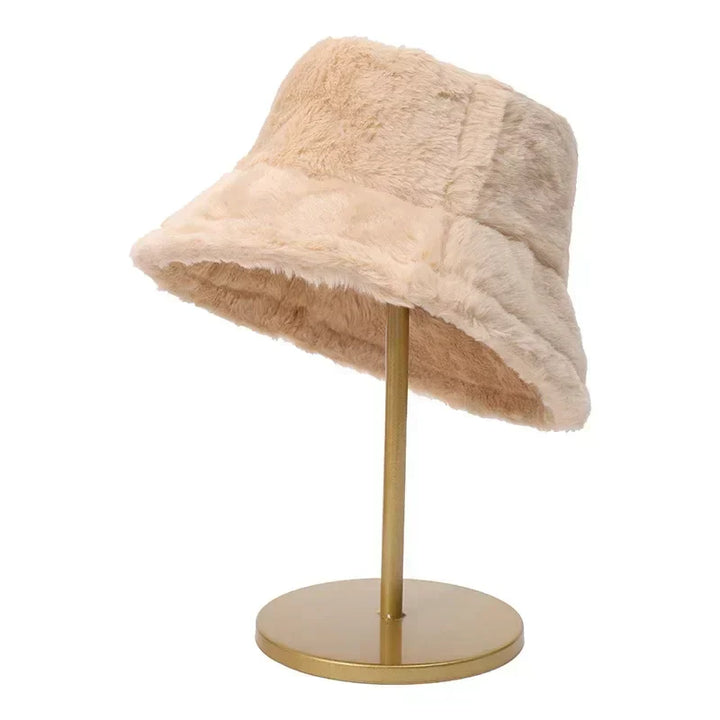 Cosy fuzzy winter hat for women displaying soft plush texture