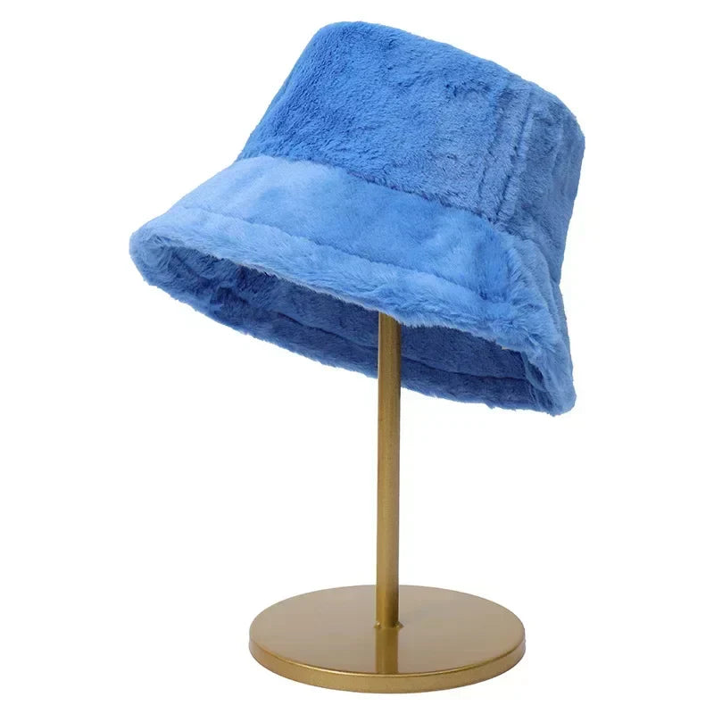 Close-up of soft rabbit fur texture on women's winter bucket hat