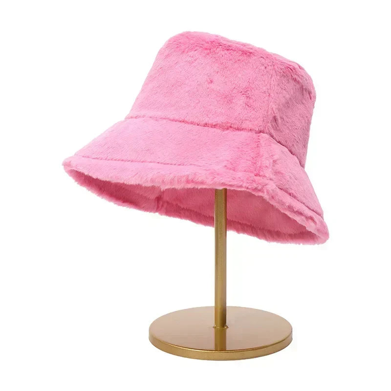 Detailed shot of brim stitching on plush women's bucket hat