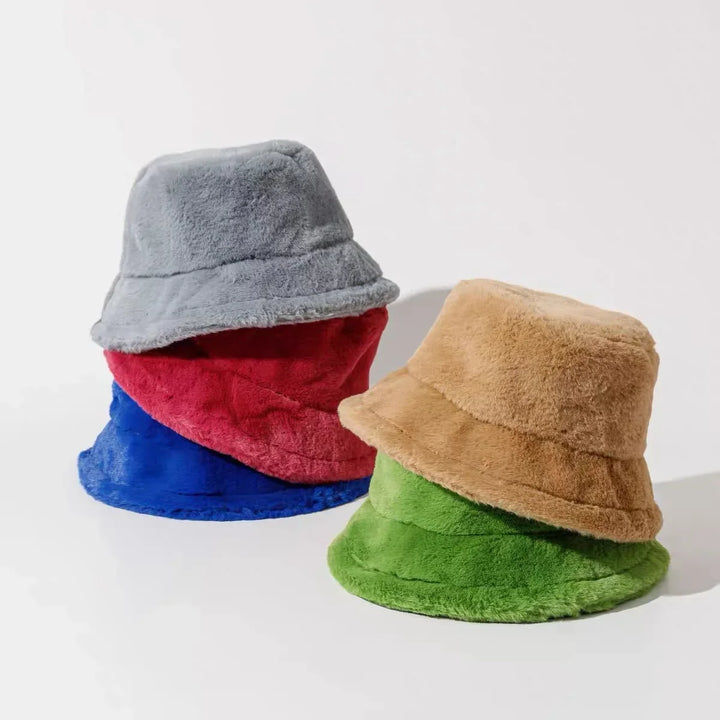 Fashionable fuzzy winter cap for women showing top crown shape