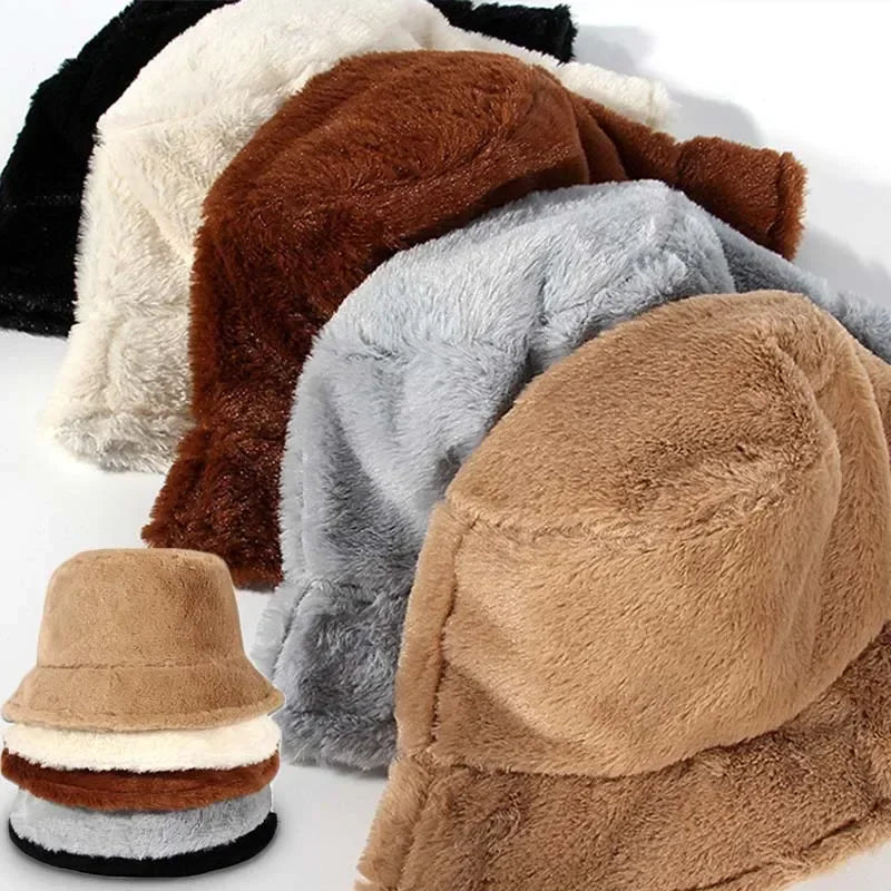 Complete view of women's warm winter bucket hat in natural light