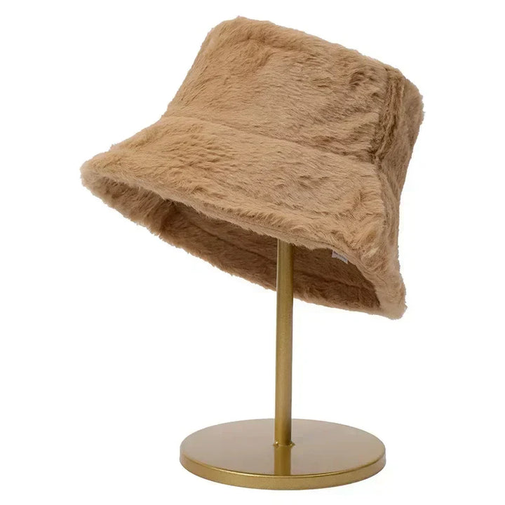 Fluffy autumn fashion bucket hat for women, side angle view