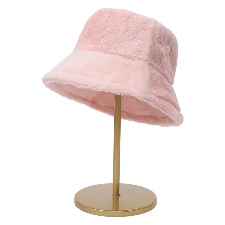 Stylish plush bucket hat accessory for cold weather, back view