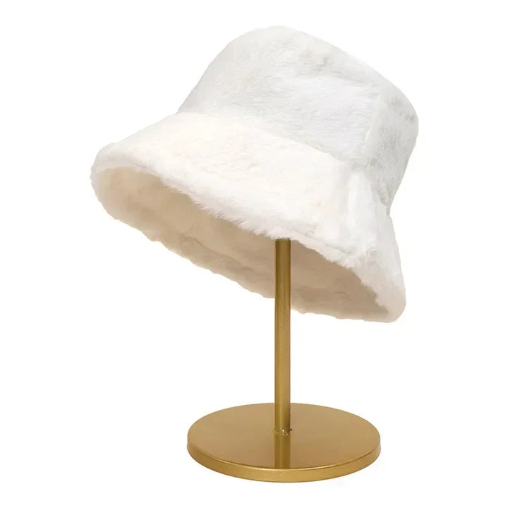 Women's warm winter bucket hat in plush faux fur, front view