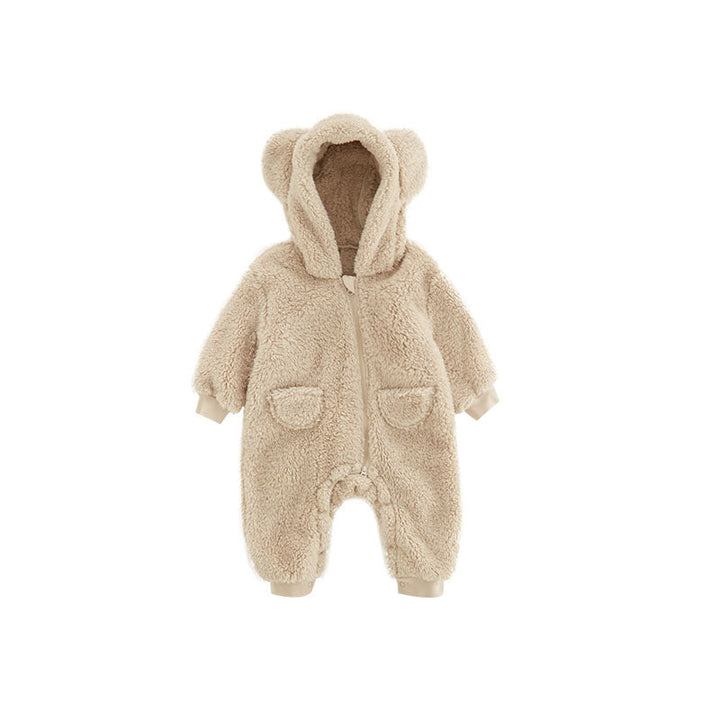 Baby beige fleece onesie romper with front zip closure