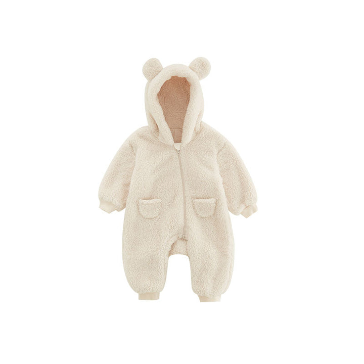 Cozy fleece onesie with bear ears for babies, winter clothing detail
