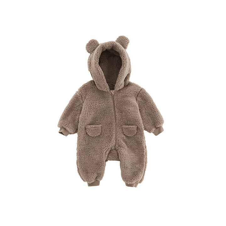 Baby brown fleece bear romper featuring cute animal ears