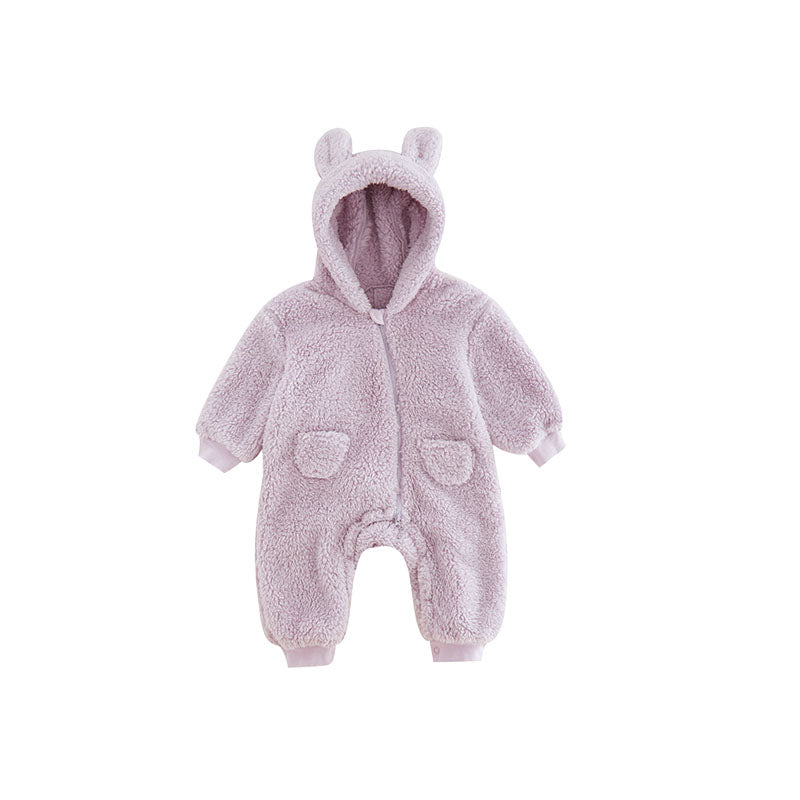 Baby winter clothes fleece bear romper, infant hoodie back view