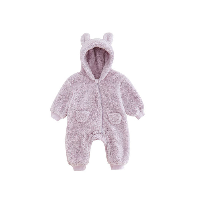Baby winter clothes fleece bear romper, infant hoodie back view