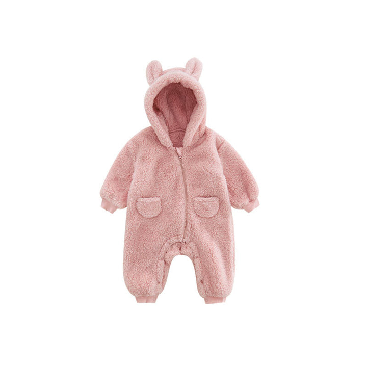 Warm baby fleece romper featuring cute animal print and hood