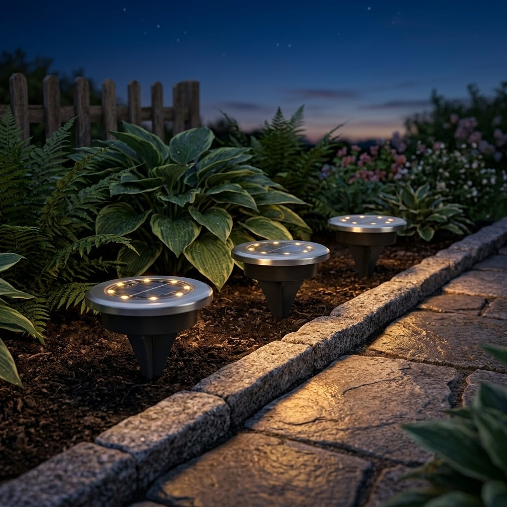 Warm-Glow Solar Path Lights illuminating a dark garden pathway