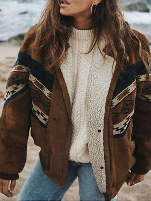 Close-up of woman in brown patterned winter coat