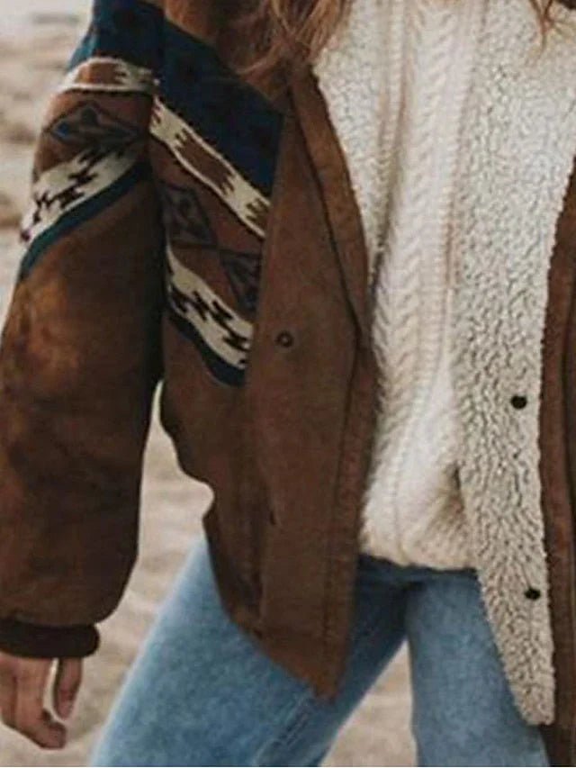 Detail view of patterned sleeve and plush texture on winter coat