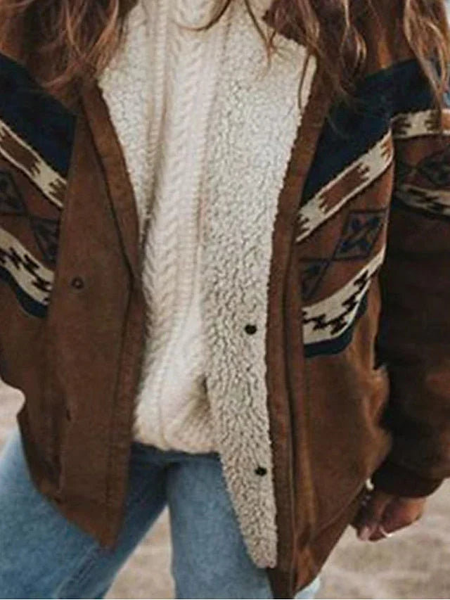 Cozy brown retro plush winter jacket for women, vintage style outerwear
